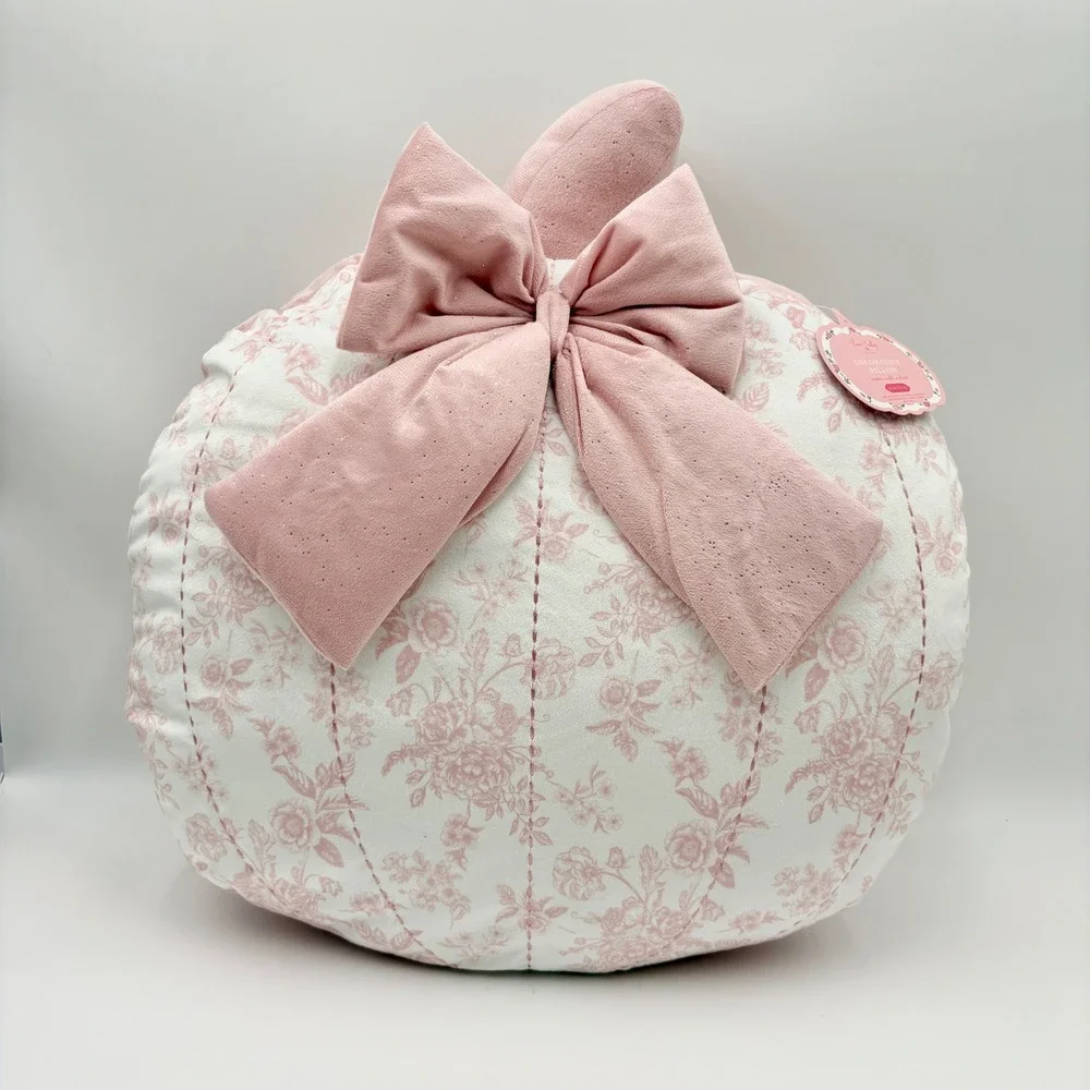 Loire Valley Maison Pink Floral Toile Pumpkin Decorative Pillow Velvet Bow NEW
